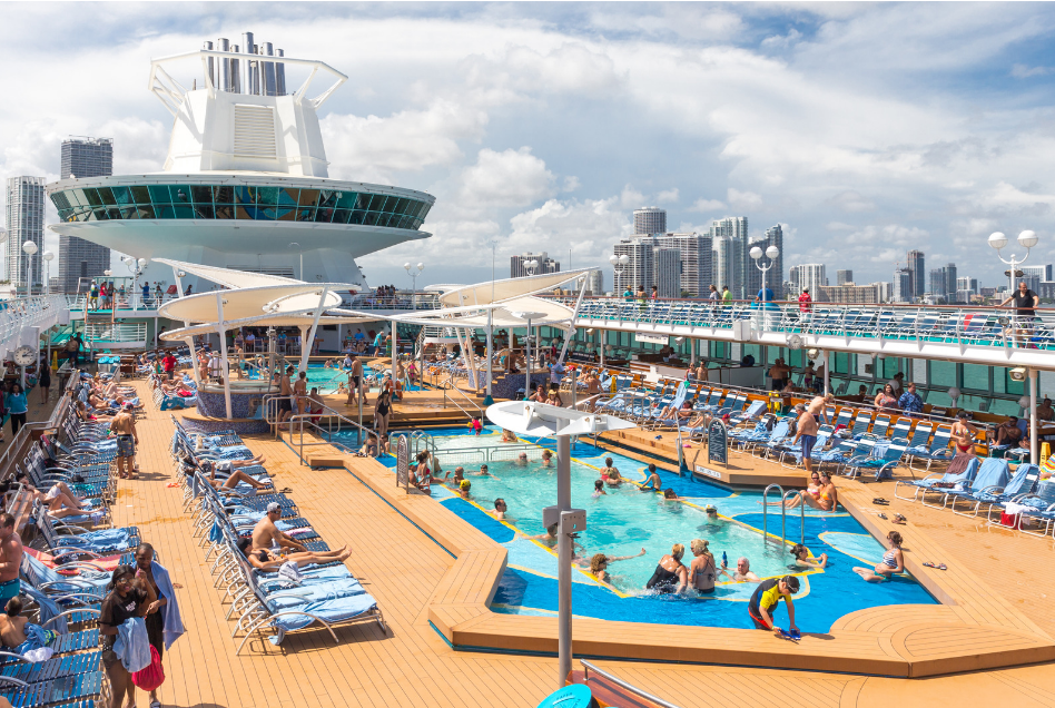 Cruise ship pool deck with swimming pools