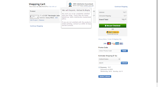 Test version shopping cart page