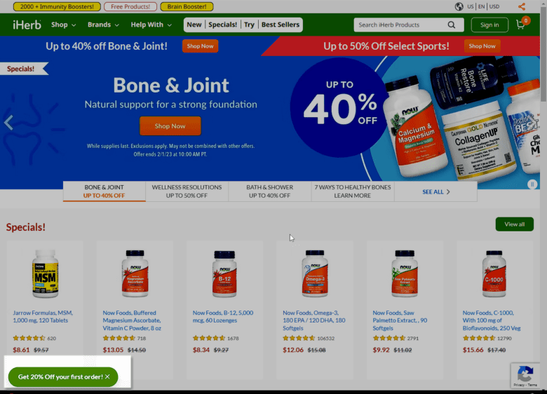 iHerb.com homepage. Highlighted is the entry offer: Get 20% off your first order!