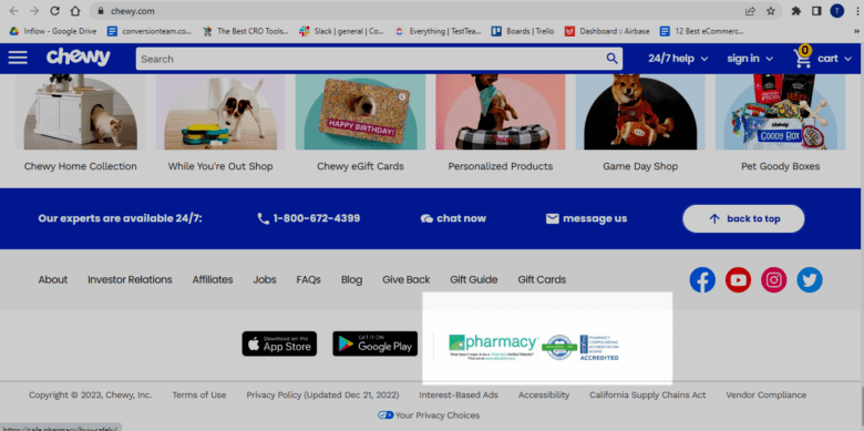 Chewy.com homepage. Highlighted at the bottom of the page are selected trust badges: Pharmacy Compounding Accreditation Board Accredited. Pharmacy-Verified Website.