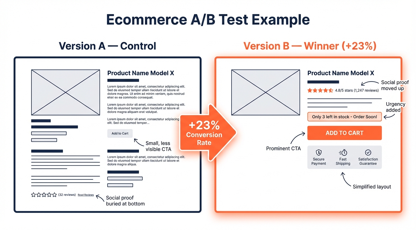 Ecommerce A/B testing example showing product page Version A versus Version B with optimized CTA button, social proof placement, and simplified layout resulting in 23 percent conversion improvement