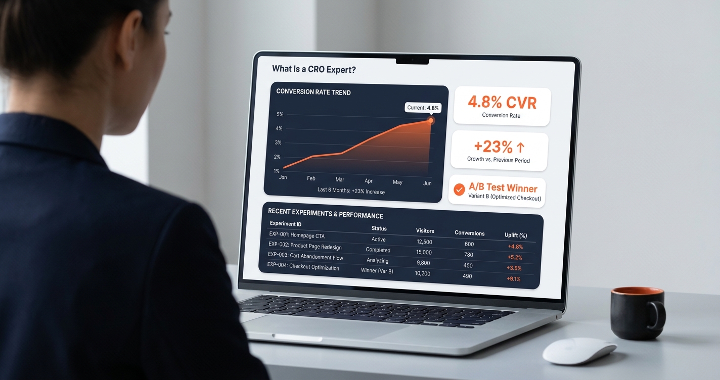 Conversion rate optimization expert reviewing an analytics dashboard on a laptop